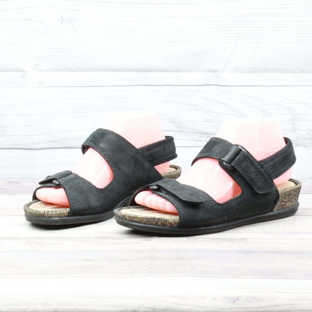 ECCO Cosmo Black Leather Cork Sling Back Comfort Sandals Size 39 / 8 - Picture 2 of 10